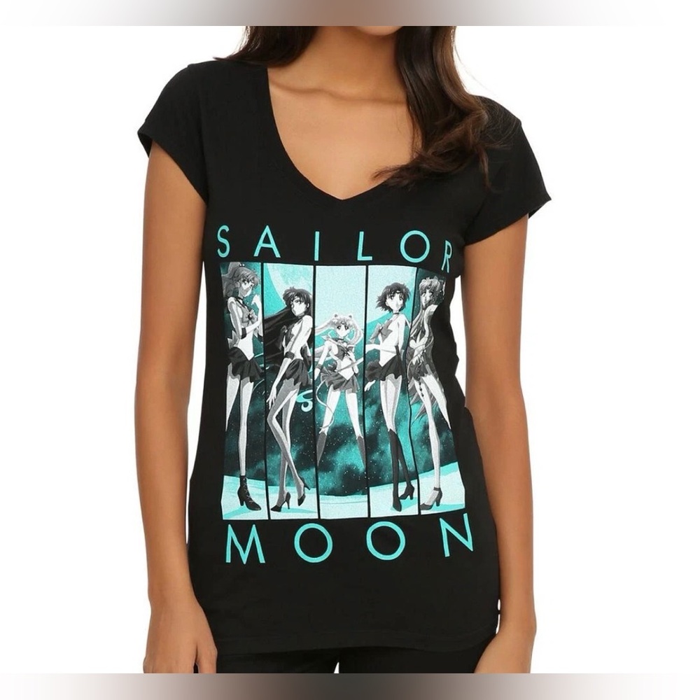 Sailor Moon VTG  Black Crystal Characters Girls T-Shirt Graphic V-Neck Tee XL